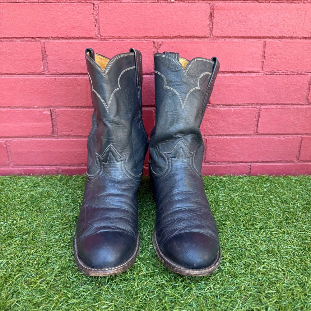 Vintage Tony Lama Black‎ Leather Western Cowboy Boots Mens Size 8 C Rodeo Pullon